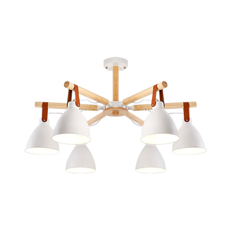 Macaron Bursting Wood Chandelier 3/6/8 Heads Ceiling Hanging Light in White/Blue with Bowl Shade and Leather Strap Clearhalo 'Ceiling Lights' 'Chandeliers' Lighting' options 785601