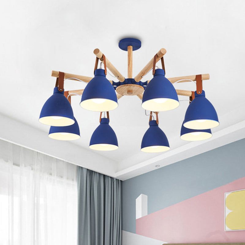 Macaron Bursting Wood Chandelier 3/6/8 Heads Ceiling Hanging Light in White/Blue with Bowl Shade and Leather Strap Clearhalo 'Ceiling Lights' 'Chandeliers' Lighting' options 785602