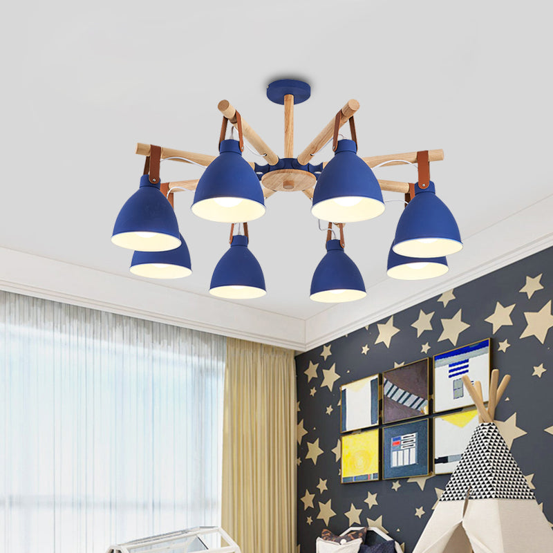 Macaron Bursting Wood Chandelier 3/6/8 Heads Ceiling Hanging Light in White/Blue with Bowl Shade and Leather Strap Clearhalo 'Ceiling Lights' 'Chandeliers' Lighting' options 785603