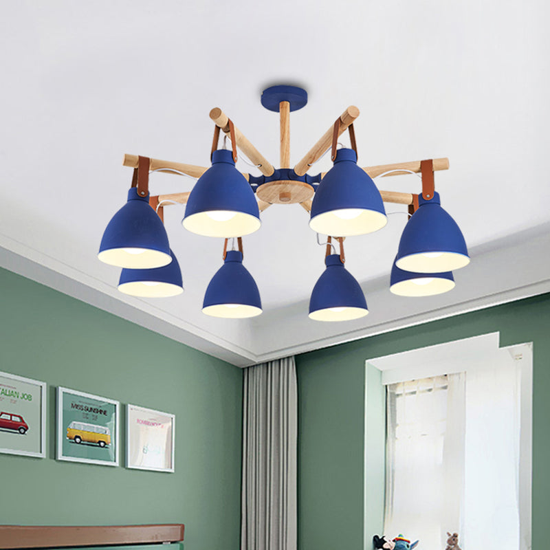 Macaron Bursting Wood Chandelier 3/6/8 Heads Ceiling Hanging Light in White/Blue with Bowl Shade and Leather Strap Clearhalo 'Ceiling Lights' 'Chandeliers' Lighting' options 785604