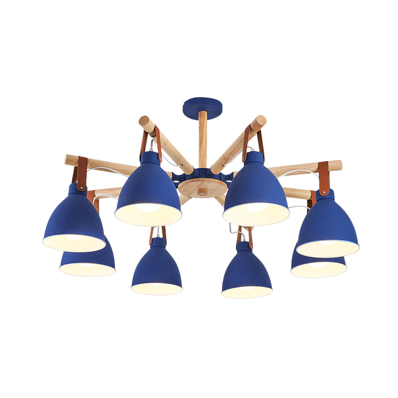 Macaron Bursting Wood Chandelier 3/6/8 Heads Ceiling Hanging Light in White/Blue with Bowl Shade and Leather Strap Clearhalo 'Ceiling Lights' 'Chandeliers' Lighting' options 785605