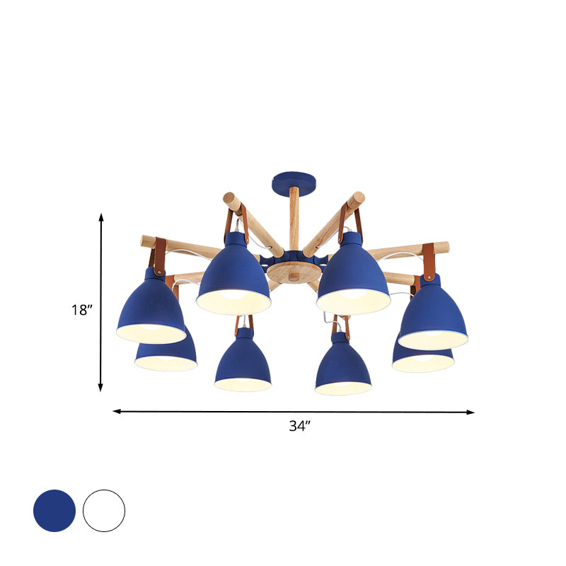 Macaron Bursting Wood Chandelier 3/6/8 Heads Ceiling Hanging Light in White/Blue with Bowl Shade and Leather Strap Clearhalo 'Ceiling Lights' 'Chandeliers' Lighting' options 785606