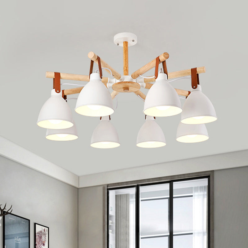 Macaron Bursting Wood Chandelier 3/6/8 Heads Ceiling Hanging Light in White/Blue with Bowl Shade and Leather Strap Clearhalo 'Ceiling Lights' 'Chandeliers' Lighting' options 785607