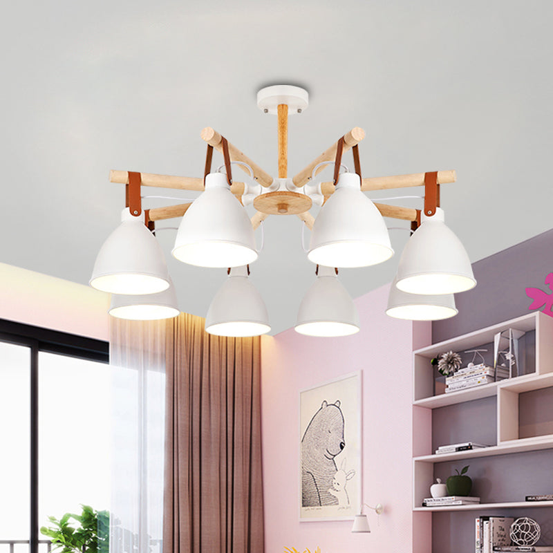 Macaron Bursting Wood Chandelier 3/6/8 Heads Ceiling Hanging Light in White/Blue with Bowl Shade and Leather Strap Clearhalo 'Ceiling Lights' 'Chandeliers' Lighting' options 785608