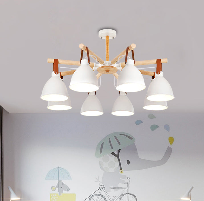 Macaron Bursting Wood Chandelier 3/6/8 Heads Ceiling Hanging Light in White/Blue with Bowl Shade and Leather Strap Clearhalo 'Ceiling Lights' 'Chandeliers' Lighting' options 785609