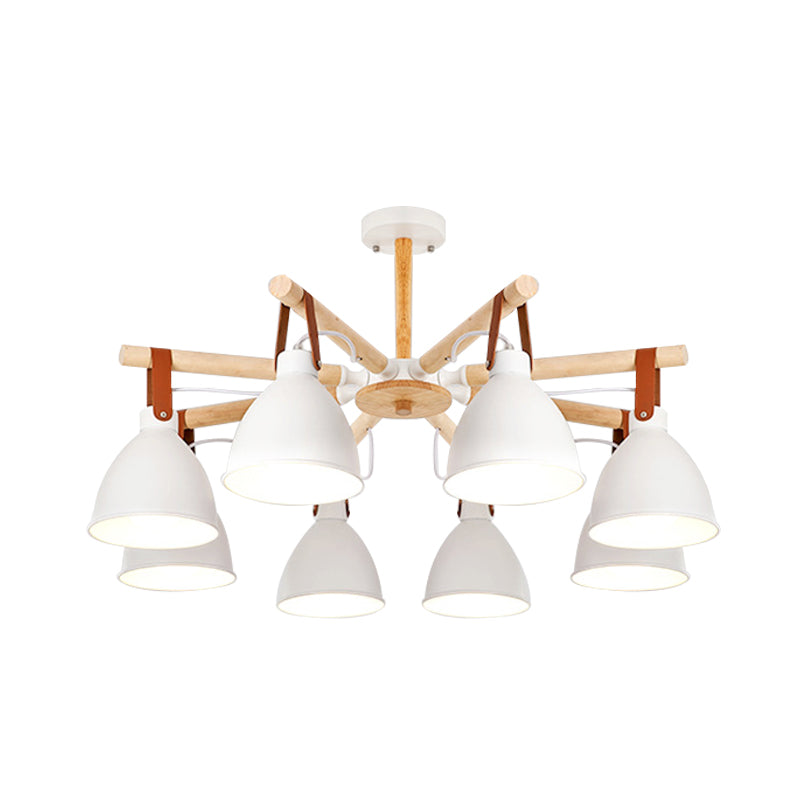 Macaron Bursting Wood Chandelier 3/6/8 Heads Ceiling Hanging Light in White/Blue with Bowl Shade and Leather Strap Clearhalo 'Ceiling Lights' 'Chandeliers' Lighting' options 785610