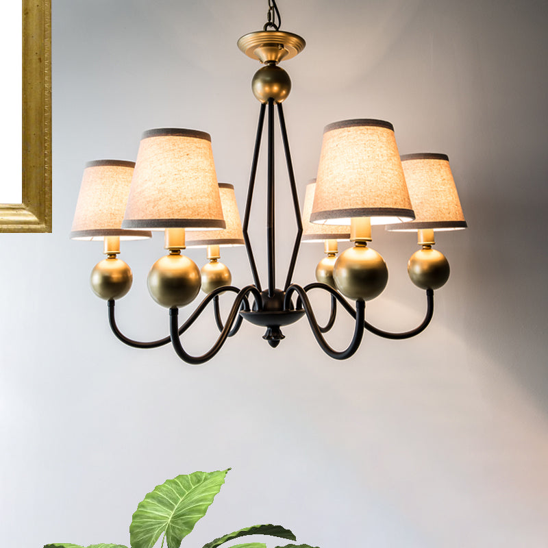 Rural Curvy Arm Hanging Pendant Light 3/6-Head Fabric Chandelier in Black with Cone Fabric Shade Clearhalo 'Ceiling Lights' 'Chandeliers' Lighting' options 785616