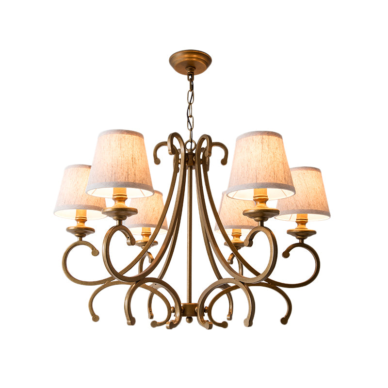 Fabric Brass Chandelier Pendant Light Conic 3/6-Light Country Ceiling Suspension Lamp with Swooping Arm Clearhalo 'Ceiling Lights' 'Chandeliers' Lighting' options 785621