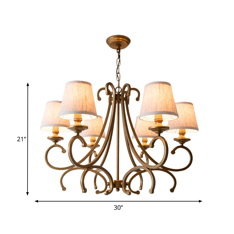 Fabric Brass Chandelier Pendant Light Conic 3/6-Light Country Ceiling Suspension Lamp with Swooping Arm Clearhalo 'Ceiling Lights' 'Chandeliers' Lighting' options 785623