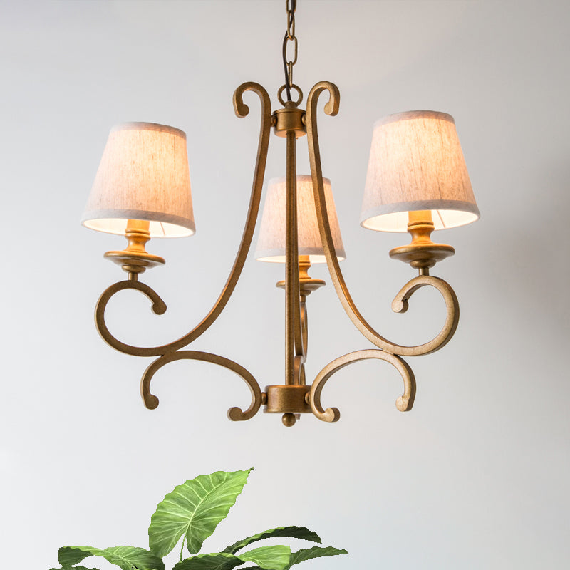 Fabric Brass Chandelier Pendant Light Conic 3/6-Light Country Ceiling Suspension Lamp with Swooping Arm 3 Brass Clearhalo 'Ceiling Lights' 'Chandeliers' Lighting' options 785624_b3c44e47-2e93-4368-860e-40be0dff1630