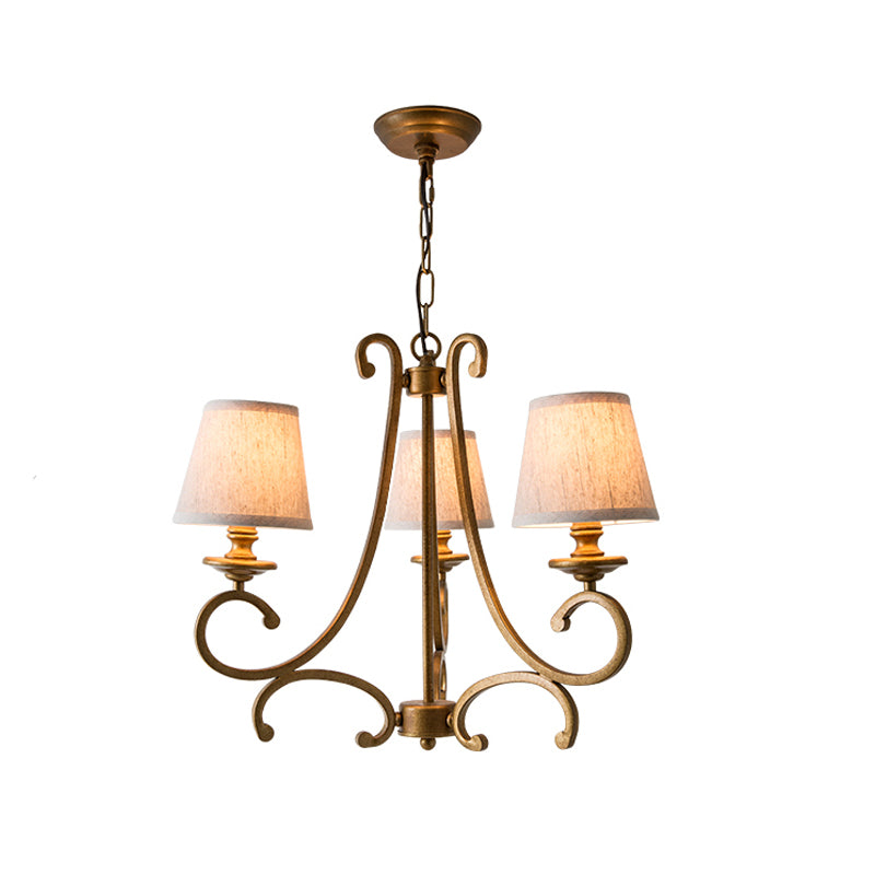 Fabric Brass Chandelier Pendant Light Conic 3/6-Light Country Ceiling Suspension Lamp with Swooping Arm Clearhalo 'Ceiling Lights' 'Chandeliers' Lighting' options 785626