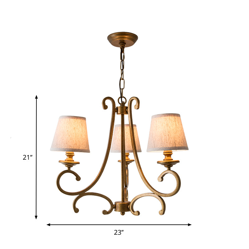 Fabric Brass Chandelier Pendant Light Conic 3/6-Light Country Ceiling Suspension Lamp with Swooping Arm Clearhalo 'Ceiling Lights' 'Chandeliers' Lighting' options 785628