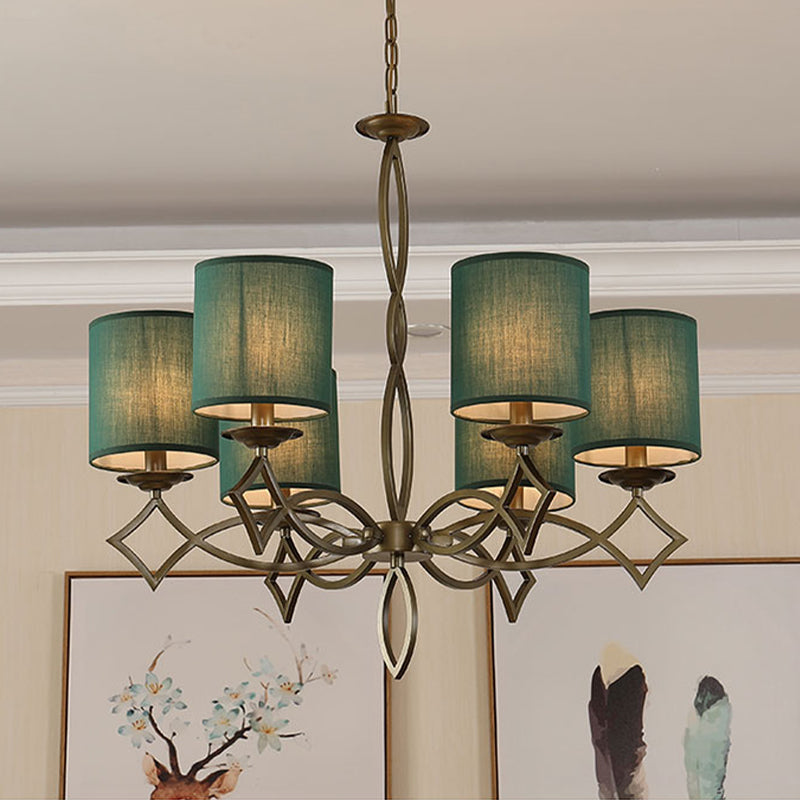6-Light Chandelier Lamp Rural Style Drum Shade Fabric Pendant Light Fixture in White/Beige/Green with Metal Twisted Arm Green Clearhalo 'Ceiling Lights' 'Chandeliers' Lighting' options 785654_e01855a9-da8e-49e5-8cad-c725578f0e91