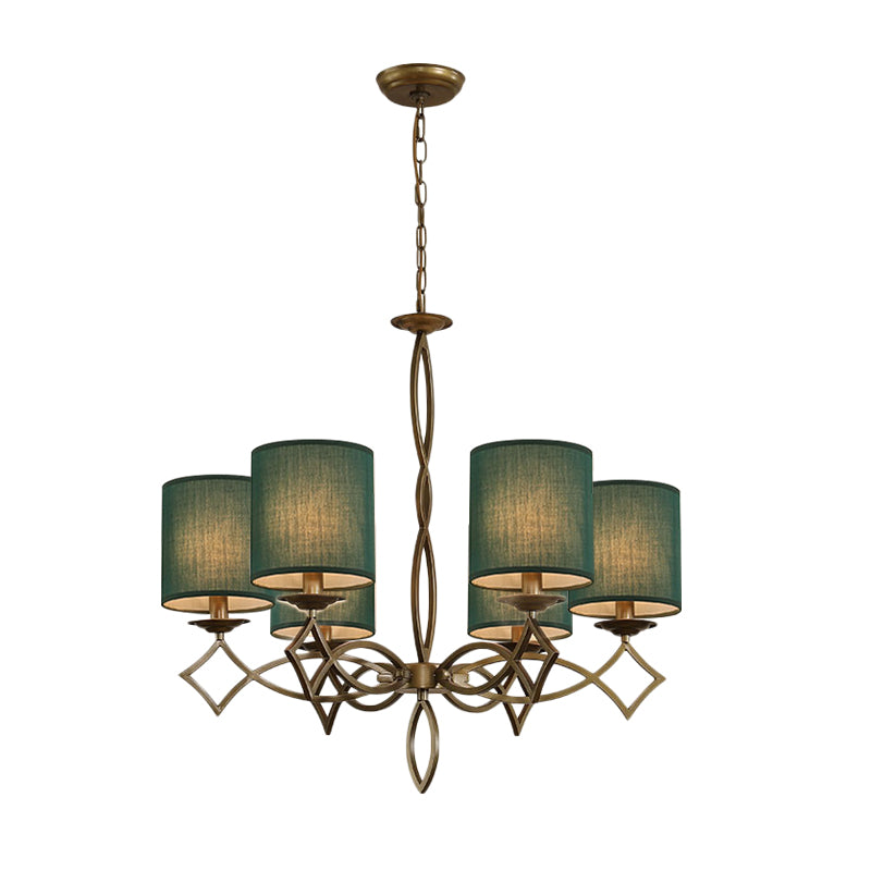 6-Light Chandelier Lamp Rural Style Drum Shade Fabric Pendant Light Fixture in White/Beige/Green with Metal Twisted Arm Clearhalo 'Ceiling Lights' 'Chandeliers' Lighting' options 785656