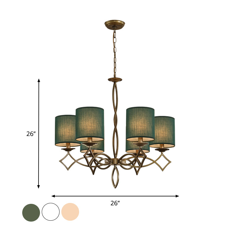 6-Light Chandelier Lamp Rural Style Drum Shade Fabric Pendant Light Fixture in White/Beige/Green with Metal Twisted Arm Clearhalo 'Ceiling Lights' 'Chandeliers' Lighting' options 785657
