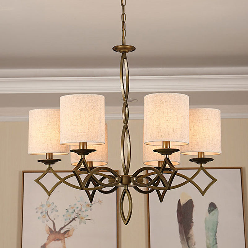 6-Light Chandelier Lamp Rural Style Drum Shade Fabric Pendant Light Fixture in White/Beige/Green with Metal Twisted Arm Beige Clearhalo 'Ceiling Lights' 'Chandeliers' Lighting' options 785662_8cdde4ee-ff7b-4d74-b502-b32fb4989c02