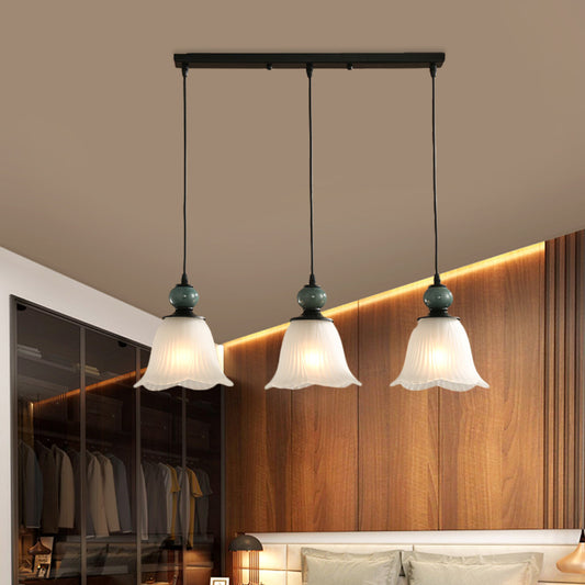 Frosted Ribbed Glass Flared Cluster Pendant Rustic 3 Lights Dining Room Hanging Lamp Kit in Black with Round/Linear Canopy Clearhalo 'Ceiling Lights' 'Pendant Lights' 'Pendants' Lighting' 785712