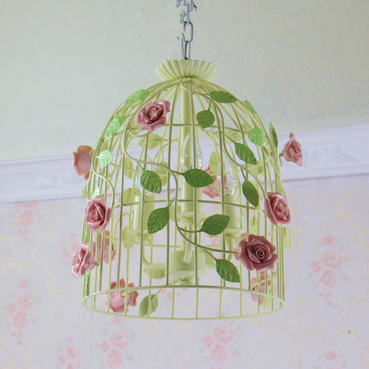 Iron Beige Drop Lamp Rose Vine Wrapped Around Birdcage 3-Light Countryside Chandelier Light Fixture Clearhalo 'Ceiling Lights' 'Chandeliers' Lighting' options 785734