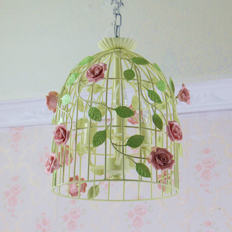 Iron Beige Drop Lamp Rose Vine Wrapped Around Birdcage 3-Light Countryside Chandelier Light Fixture Beige Clearhalo 'Ceiling Lights' 'Chandeliers' Lighting' options 785734_60ff008a-634e-4011-bab3-18816d606379