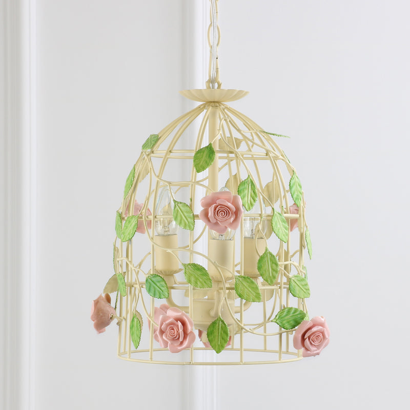 Iron Beige Drop Lamp Rose Vine Wrapped Around Birdcage 3-Light Countryside Chandelier Light Fixture Clearhalo 'Ceiling Lights' 'Chandeliers' Lighting' options 785735
