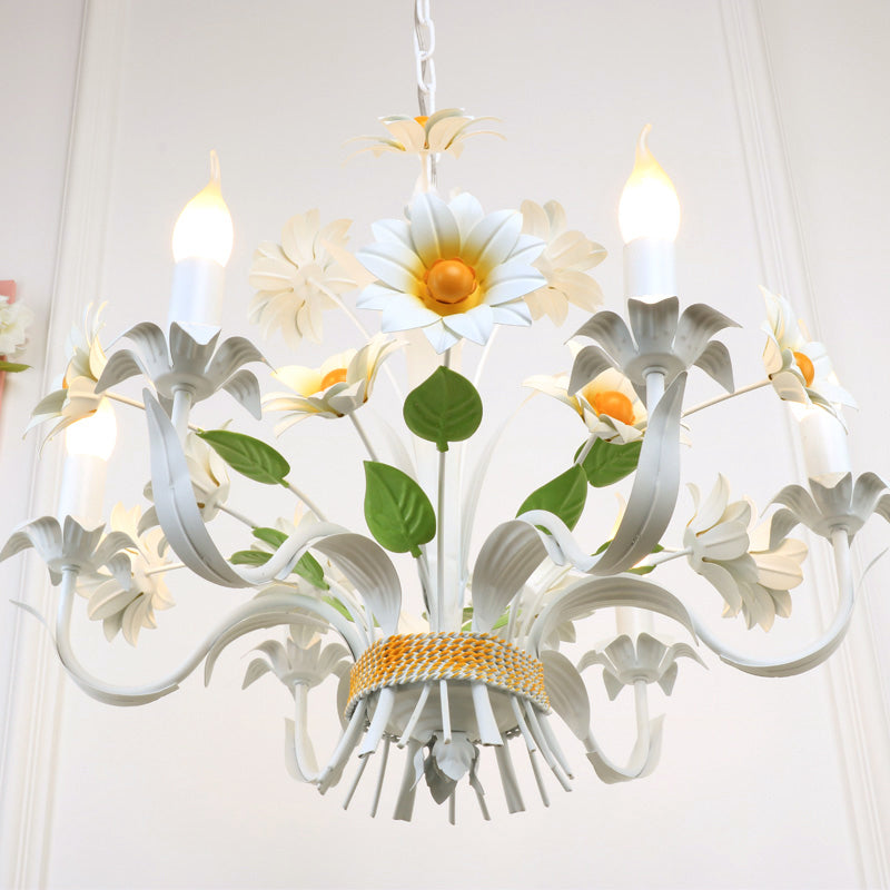 6 Heads Daisy Flower Bunch Chandelier American Garden White Iron Hanging Light with Candle Design Clearhalo 'Ceiling Lights' 'Chandeliers' Lighting' options 785738