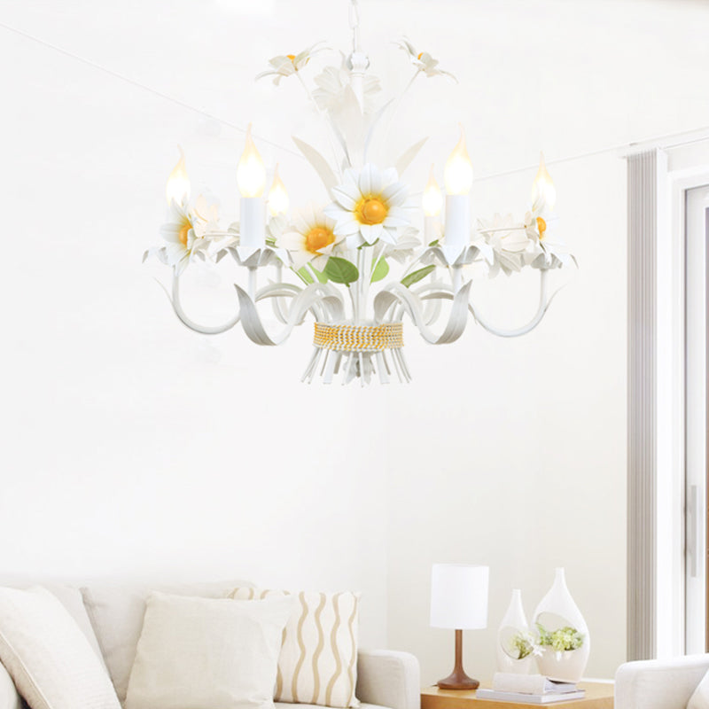 6 Heads Daisy Flower Bunch Chandelier American Garden White Iron Hanging Light with Candle Design Clearhalo 'Ceiling Lights' 'Chandeliers' Lighting' options 785739