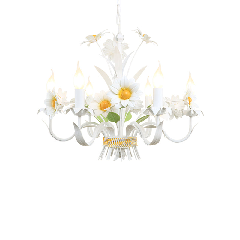 6 Heads Daisy Flower Bunch Chandelier American Garden White Iron Hanging Light with Candle Design Clearhalo 'Ceiling Lights' 'Chandeliers' Lighting' options 785740