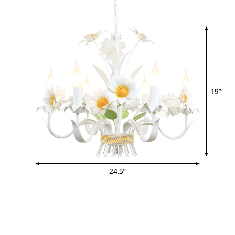 6 Heads Daisy Flower Bunch Chandelier American Garden White Iron Hanging Light with Candle Design Clearhalo 'Ceiling Lights' 'Chandeliers' Lighting' options 785741