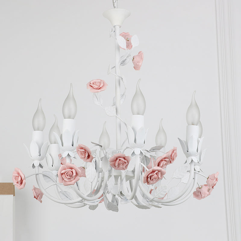 Rose Detailing Candelabra Metal Chandelier Korean Flower 8-Light Living Room Pendant Light in Pink Pink Clearhalo 'Ceiling Lights' 'Chandeliers' Lighting' options 785742_ef86f259-d7da-4753-94e8-b375871aaf75