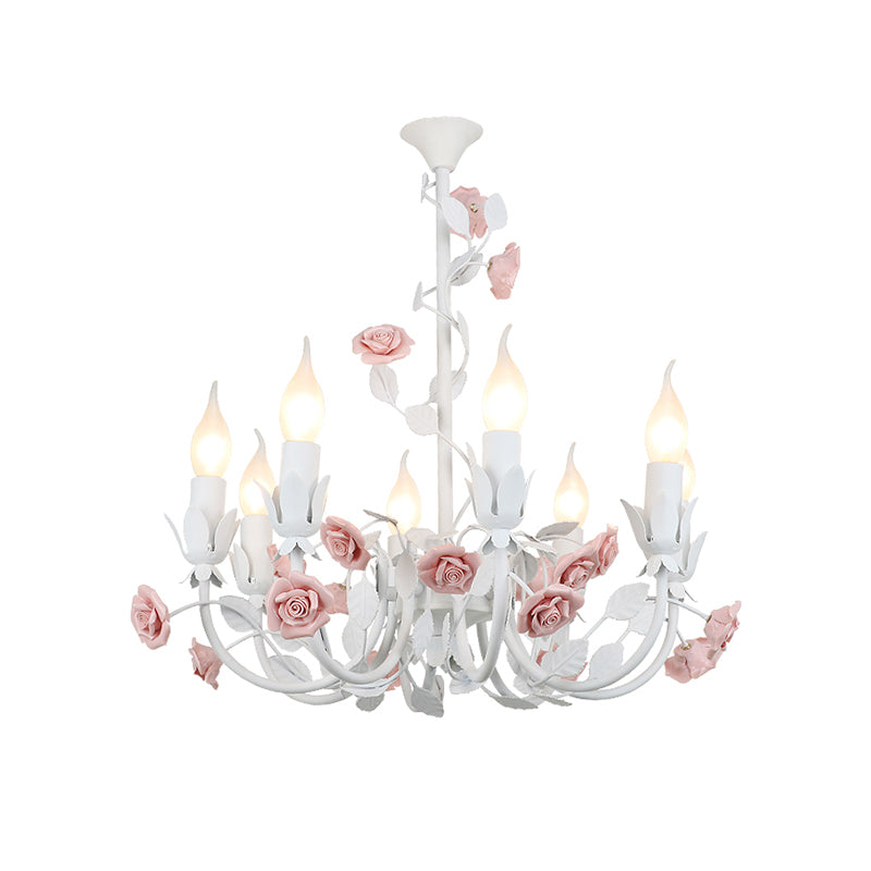 Rose Detailing Candelabra Metal Chandelier Korean Flower 8-Light Living Room Pendant Light in Pink Clearhalo 'Ceiling Lights' 'Chandeliers' Lighting' options 785743