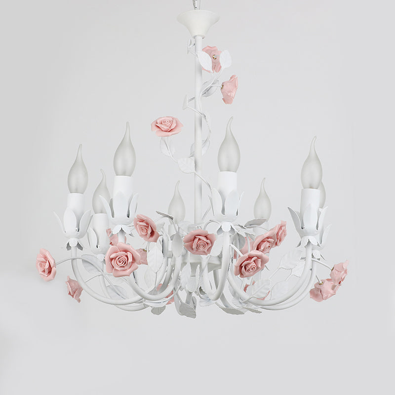 Rose Detailing Candelabra Metal Chandelier Korean Flower 8-Light Living Room Pendant Light in Pink Clearhalo 'Ceiling Lights' 'Chandeliers' Lighting' options 785744