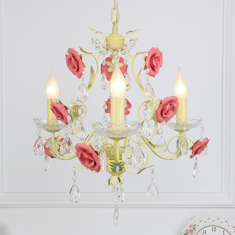 Romantic Pastoral Rose Swirl Vine Pendant 3 Heads Iron Chandelier Light in Beige with K9 Crystal Drop Clearhalo 'Ceiling Lights' 'Chandeliers' Lighting' options 785746