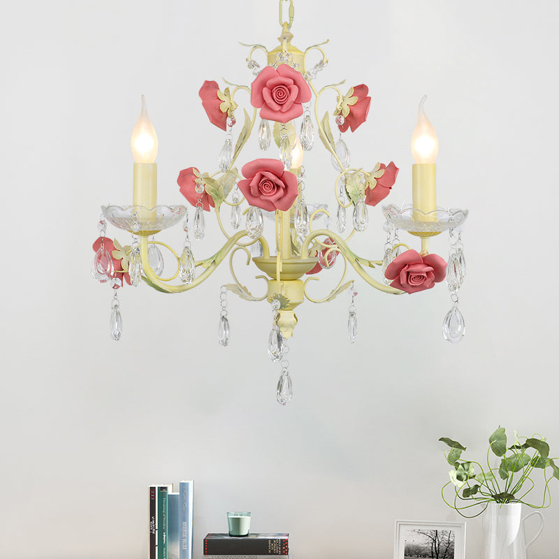 Romantic Pastoral Rose Swirl Vine Pendant 3 Heads Iron Chandelier Light in Beige with K9 Crystal Drop Clearhalo 'Ceiling Lights' 'Chandeliers' Lighting' options 785747