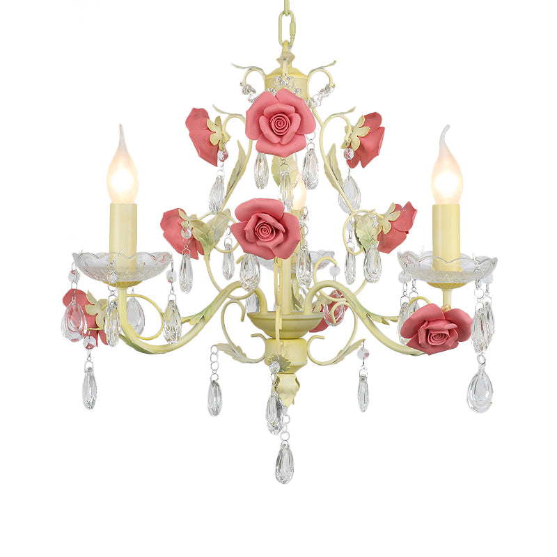 Romantic Pastoral Rose Swirl Vine Pendant 3 Heads Iron Chandelier Light in Beige with K9 Crystal Drop Clearhalo 'Ceiling Lights' 'Chandeliers' Lighting' options 785748