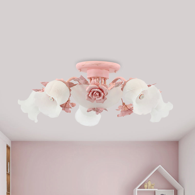 Rose Blossom Bedroom Flush Chandelier Pastoral Frosted Glass 7/11-Head Pink Ceiling Mount Light 7 Pink Clearhalo 'Ceiling Lights' 'Close To Ceiling Lights' 'Close to ceiling' 'Flush mount' Lighting' 785750