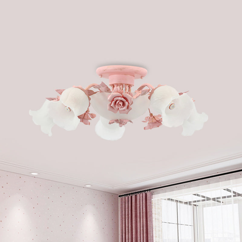 Rose Blossom Bedroom Flush Chandelier Pastoral Frosted Glass 7/11-Head Pink Ceiling Mount Light Clearhalo 'Ceiling Lights' 'Close To Ceiling Lights' 'Close to ceiling' 'Flush mount' Lighting' 785751