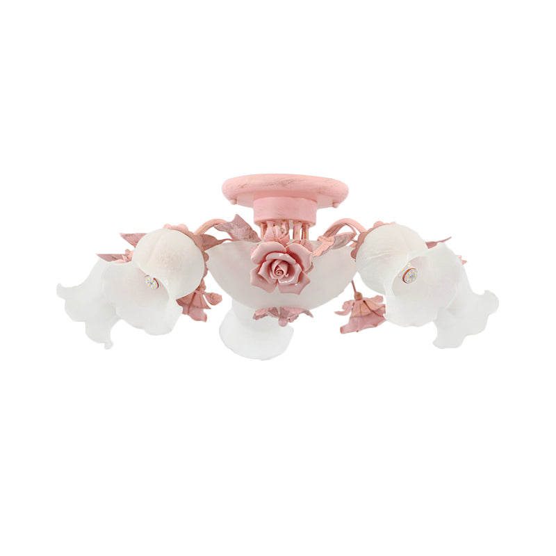 Rose Blossom Bedroom Flush Chandelier Pastoral Frosted Glass 7/11-Head Pink Ceiling Mount Light Clearhalo 'Ceiling Lights' 'Close To Ceiling Lights' 'Close to ceiling' 'Flush mount' Lighting' 785752