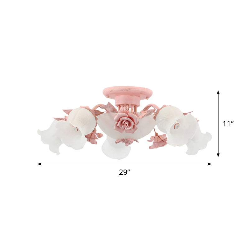 Rose Blossom Bedroom Flush Chandelier Pastoral Frosted Glass 7/11-Head Pink Ceiling Mount Light Clearhalo 'Ceiling Lights' 'Close To Ceiling Lights' 'Close to ceiling' 'Flush mount' Lighting' 785753