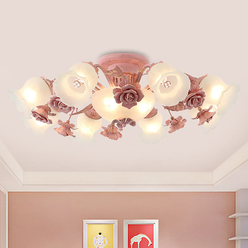 Rose Blossom Bedroom Flush Chandelier Pastoral Frosted Glass 7/11-Head Pink Ceiling Mount Light 11 Pink Clearhalo 'Ceiling Lights' 'Close To Ceiling Lights' 'Close to ceiling' 'Flush mount' Lighting' 785754