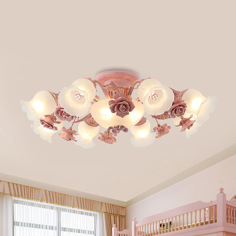 Rose Blossom Bedroom Flush Chandelier Pastoral Frosted Glass 7/11-Head Pink Ceiling Mount Light Clearhalo 'Ceiling Lights' 'Close To Ceiling Lights' 'Close to ceiling' 'Flush mount' Lighting' 785755