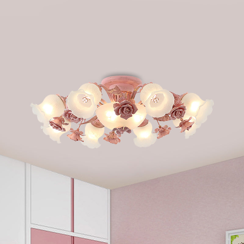 Rose Blossom Bedroom Flush Chandelier Pastoral Frosted Glass 7/11-Head Pink Ceiling Mount Light Clearhalo 'Ceiling Lights' 'Close To Ceiling Lights' 'Close to ceiling' 'Flush mount' Lighting' 785756