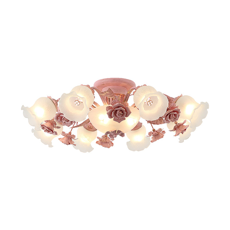 Rose Blossom Bedroom Flush Chandelier Pastoral Frosted Glass 7/11-Head Pink Ceiling Mount Light Clearhalo 'Ceiling Lights' 'Close To Ceiling Lights' 'Close to ceiling' 'Flush mount' Lighting' 785757