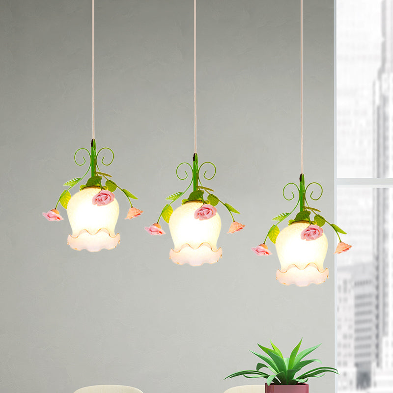 Opal Glass Ruffle Cluster Pendant Pastoral Style 3 Lights Dining Room Suspension Lamp in Green with Round/Linear Canopy Clearhalo 'Ceiling Lights' 'Close To Ceiling Lights' 'Glass shade' 'Glass' 'Pendant Lights' 'Pendants' Lighting' 785769