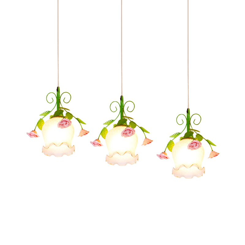 Opal Glass Ruffle Cluster Pendant Pastoral Style 3 Lights Dining Room Suspension Lamp in Green with Round/Linear Canopy Clearhalo 'Ceiling Lights' 'Close To Ceiling Lights' 'Glass shade' 'Glass' 'Pendant Lights' 'Pendants' Lighting' 785770