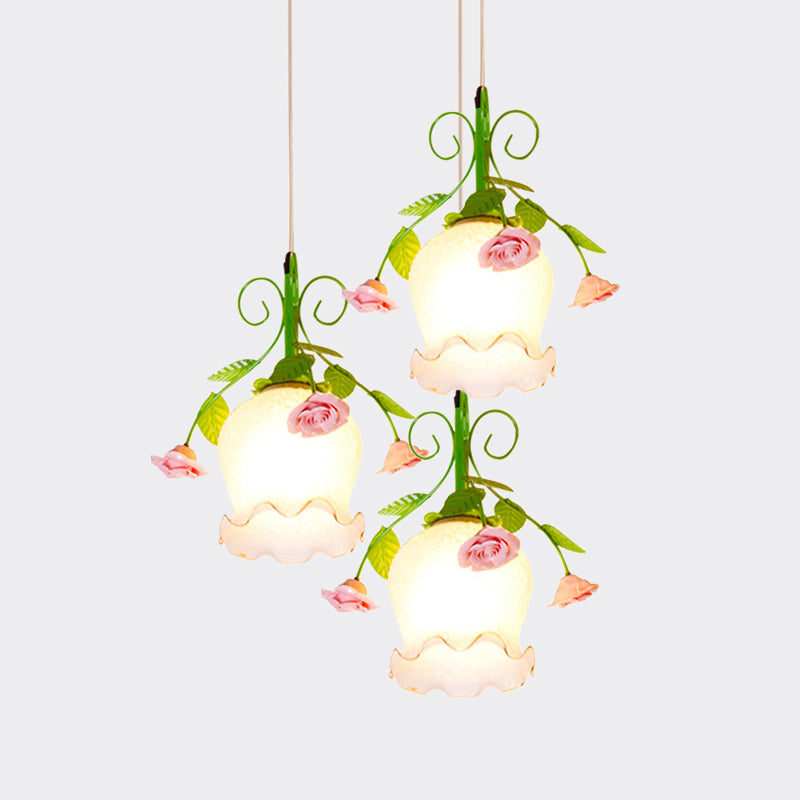 Opal Glass Ruffle Cluster Pendant Pastoral Style 3 Lights Dining Room Suspension Lamp in Green with Round/Linear Canopy Clearhalo 'Ceiling Lights' 'Close To Ceiling Lights' 'Glass shade' 'Glass' 'Pendant Lights' 'Pendants' Lighting' 785775