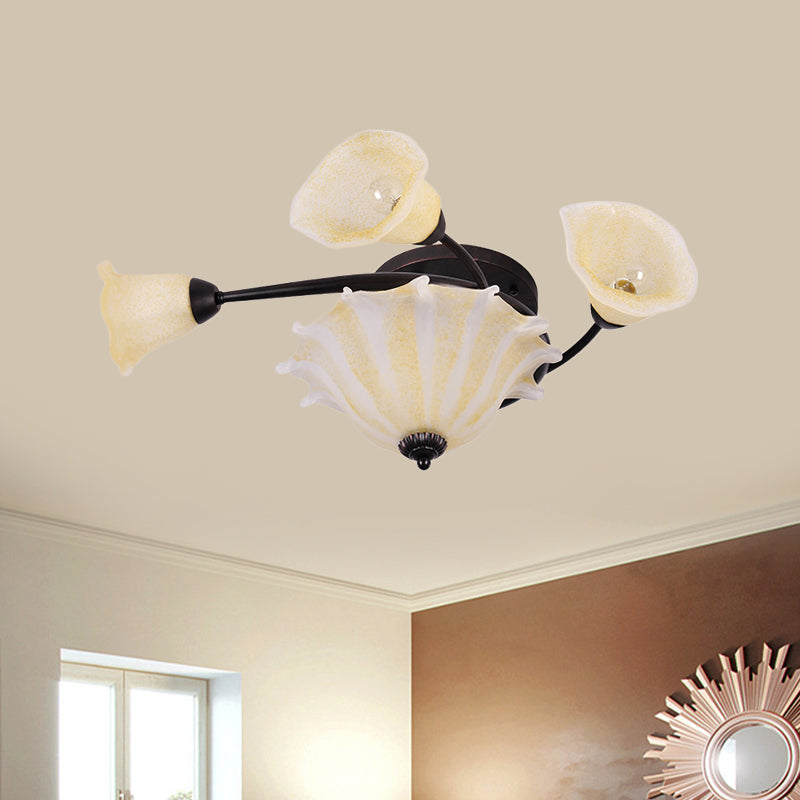 3-Light Flush Mount Lamp Countryside Whirled Frosted Glass Ceiling Lighting in Black Black Clearhalo 'Ceiling Lights' 'Close To Ceiling Lights' 'Close to ceiling' 'Flush mount' Lighting' 785777