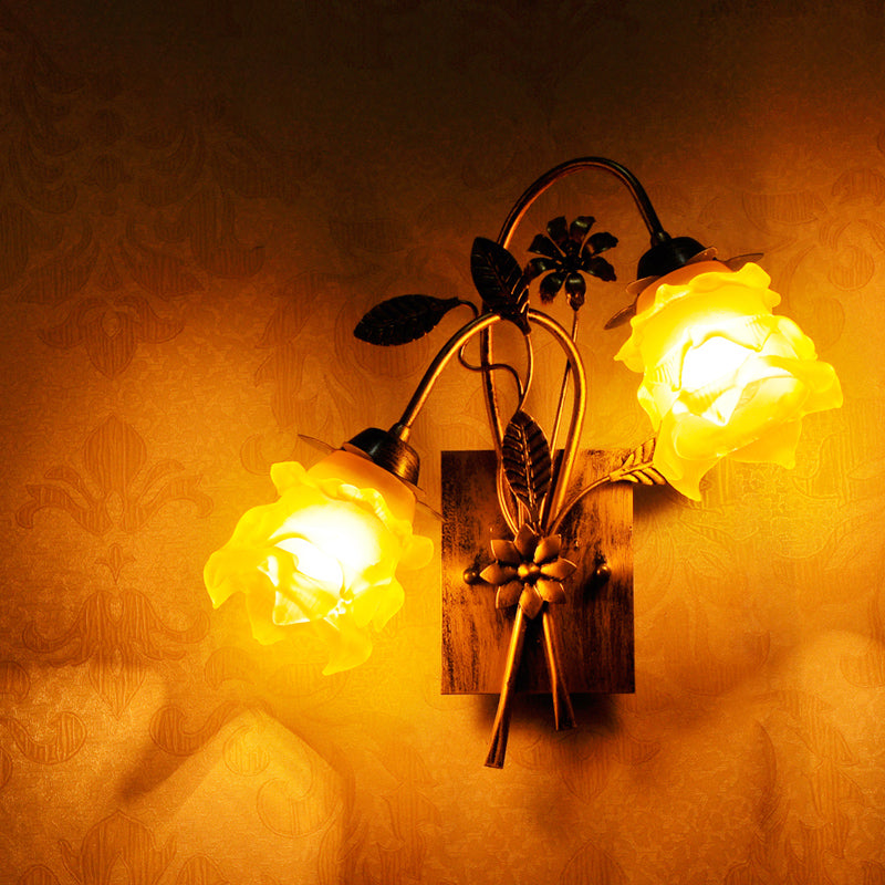 Amber Glass Layered Flower Wall Lamp American Garden 2 Heads Bedroom Sconce Light with Bent Arm in Rust Rust Clearhalo 'Wall Lamps & Sconces' 'Wall Lights' Lighting' 785781