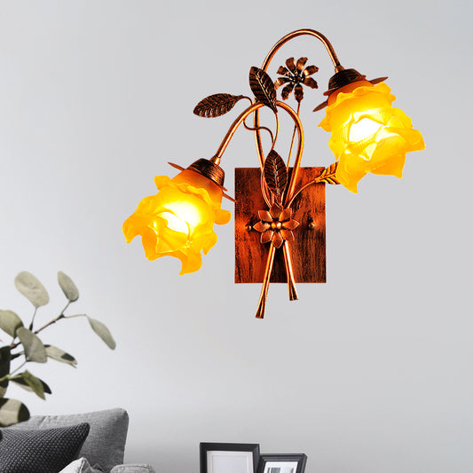 Amber Glass Layered Flower Wall Lamp American Garden 2 Heads Bedroom Sconce Light with Bent Arm in Rust Clearhalo 'Wall Lamps & Sconces' 'Wall Lights' Lighting' 785782