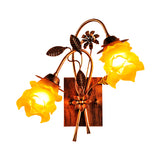 Amber Glass Layered Flower Wall Lamp American Garden 2 Heads Bedroom Sconce Light with Bent Arm in Rust Clearhalo 'Wall Lamps & Sconces' 'Wall Lights' Lighting' 785783