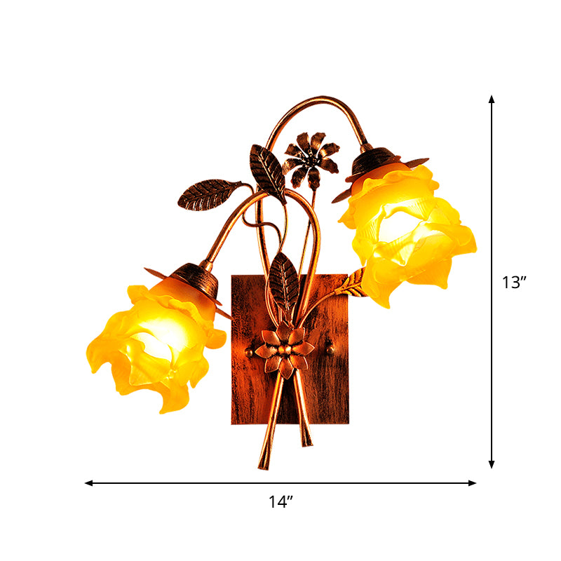 Amber Glass Layered Flower Wall Lamp American Garden 2 Heads Bedroom Sconce Light with Bent Arm in Rust Clearhalo 'Wall Lamps & Sconces' 'Wall Lights' Lighting' 785784